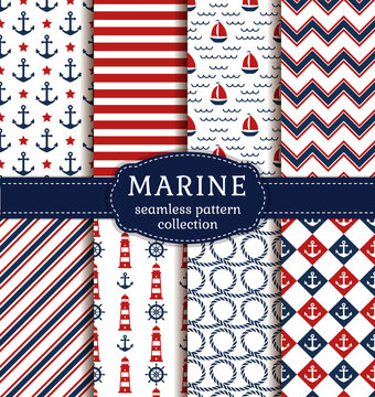 Set of sea and nautical backgrounds in white, blue and red colors. Sea theme. Seamless patterns collection. Vector illustration.