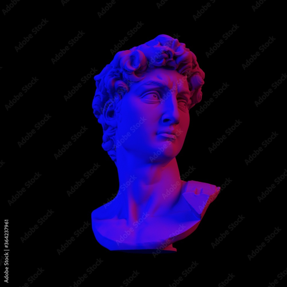 Poster 3d rendering of michelangelo's david head in neon pink and blue lightning. classical sculpture in va