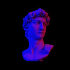 3D rendering of Michelangelo's David head in neon pink and blue lightning. Classical sculpture in vaporwave retrofuturistic style.