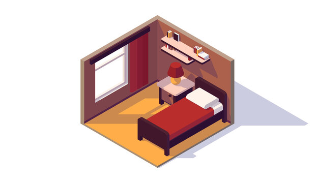 Isometric Low Poly Bedroom Interior, Bed, Window, Curtain, Bookshelf, Nightstand, Lamp, Vector Illustration