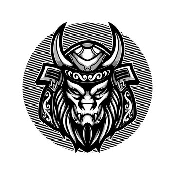 Vector illustration of Awesome Japanese Black-White Lion Head with a Samurai, Horn, and Fur on the Blue Background. Hand-drawn illustration for mascot esport logo poster t-shirt printing. Vector Logo