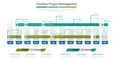 Project timeline graph for 12 months, 1 year, All month planner design and Presentation business project.