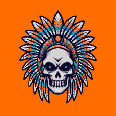 Vector illustration of Awesome Indian Head Skull with a Smile, horn, bandana and Fur on the Orange Background. Hand-drawn illustration for mascot sport logo poster t-shirt printing. Vector Logo