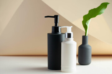 Dispensers with cosmetics. body cream, shower gel Ready for your packaging design. Spa concept, skin care. Copy space.