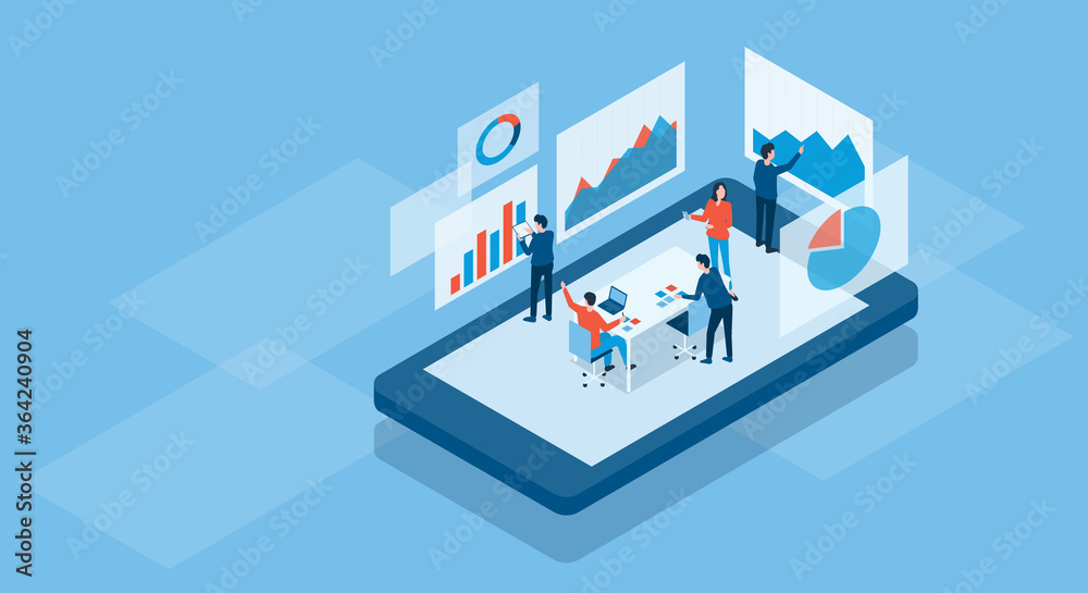 Poster isometric business team working online concept and business finance investment team analysis graph d