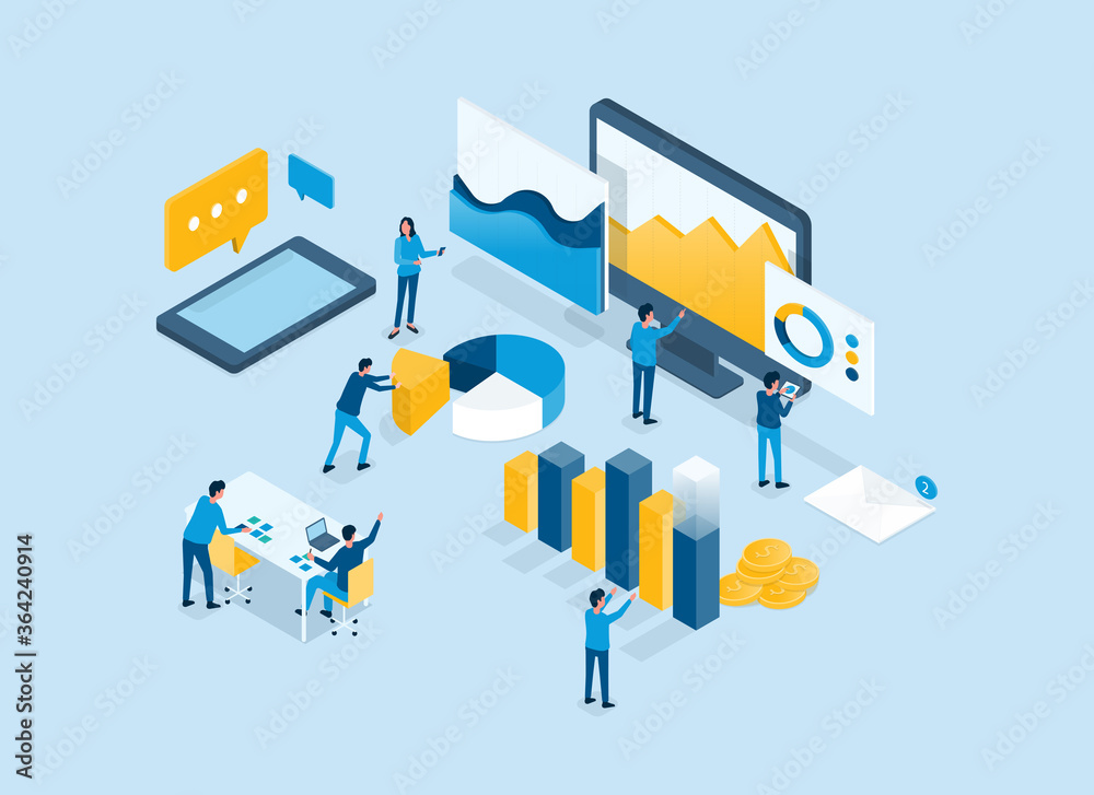 Aufkleber Isometric business finance investment team analysis report graph on monitor dashboard concept and business team working concept
