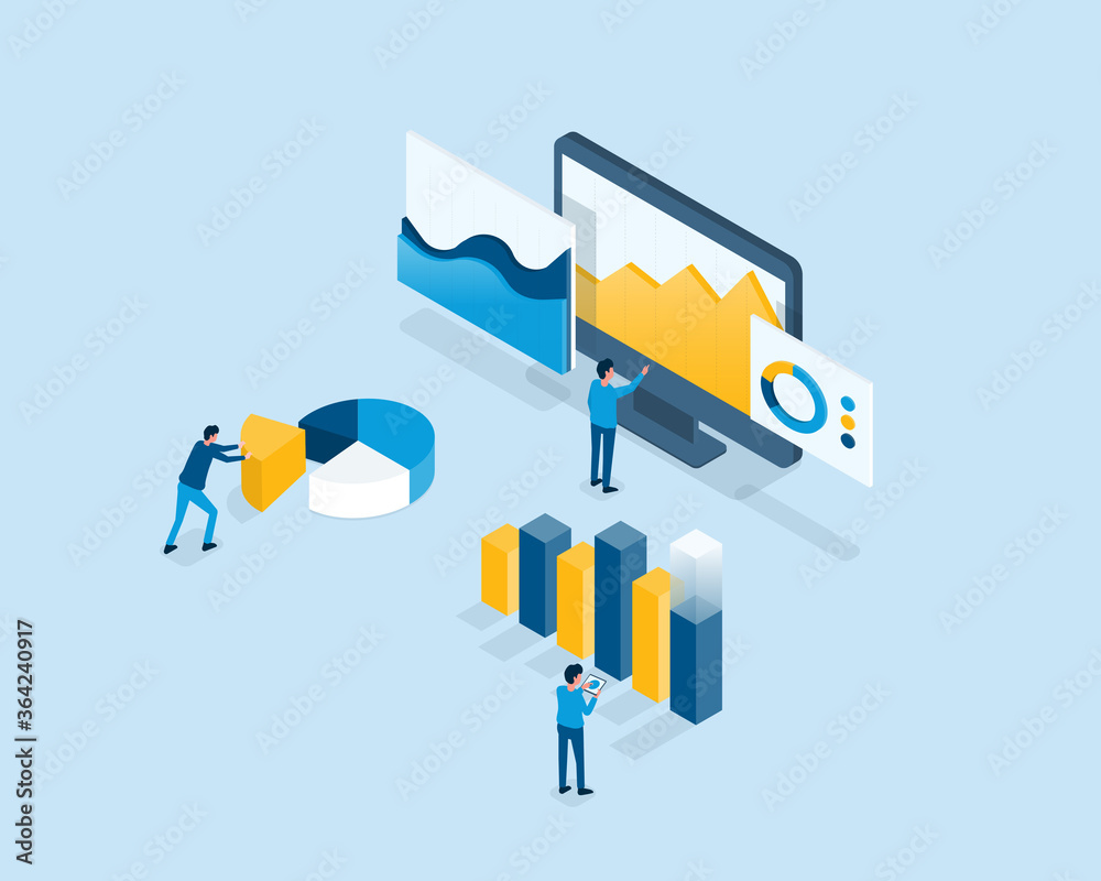 Aufkleber Isometric business finance investment team analysis report graph on monitor dashboard concept and business team working concept