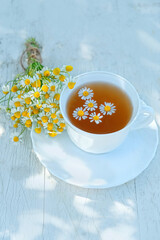 Herbal chamomile tea with fresh daisy flowers on white wooden background. cup of chamomile tea on table. 