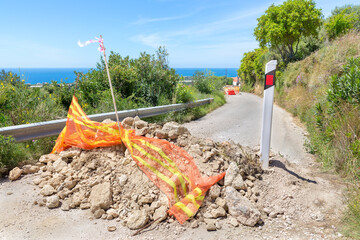 Blocked road at coast on island Kefalonia in Greece
