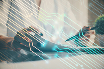 Multi exposure of hands making notes with digital coding icons. Computer learning concept.