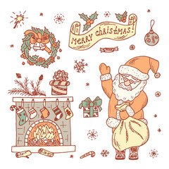 Holiday Set. Merry Christmas. Hand Drawn Doodles Santa Claus, fireplace and decorations.
