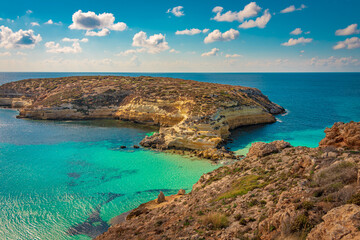 Crystal clear water at the pristine Rabbit’s beach (spiaggia dei conigli) in Lampedusa, Pelagie islands, Sicily