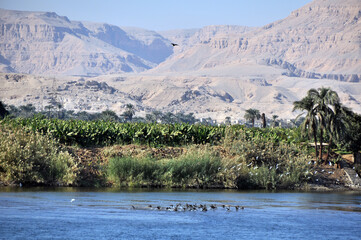 Desert sandstone mountains on the left bank of the Nile River, opposite the city of Luxor. Egypt.