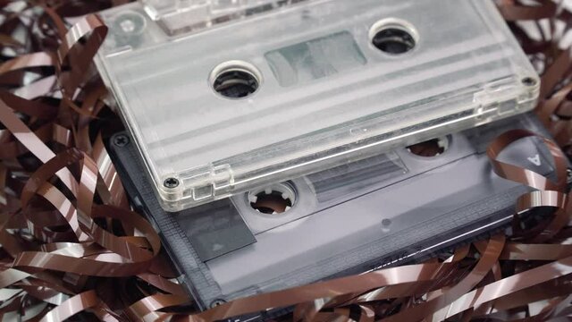 Old audiotape and audio cassettes. 80s concept. Set vintage background