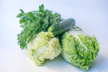 Fresh green vegetables: pak choi (chinese cabbage) and cucumber on a white background. Fresh, green vegetable, close-up shot. Healthy lifestyle theme, kitchen scene. Copy space. Minimalism concept 