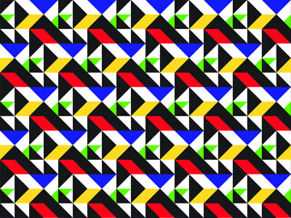 Colorful triangles and black shapes in a random bright repeating mosaic pattern, geometric vector illustration