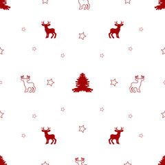 Seamless pattern for Christmas with the image of fir, stars and forest animals, deer