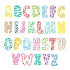Vector ABC. Hand drawn cartoon doodle ornamental Alphabet. Colorful letters for kids.
