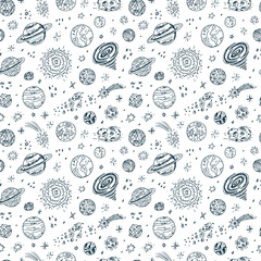 Space. Vector Seamless pattern. Hand drawn Space doodle: Planets and stars
