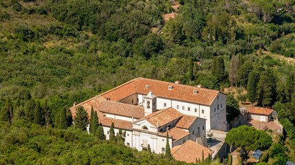 Fototapeta na wymiar Beautiful aerial view of the Convent of the Presentation in the Temple of the Passionist Fathers on Monte Telegrafo, Grosseto, Italy