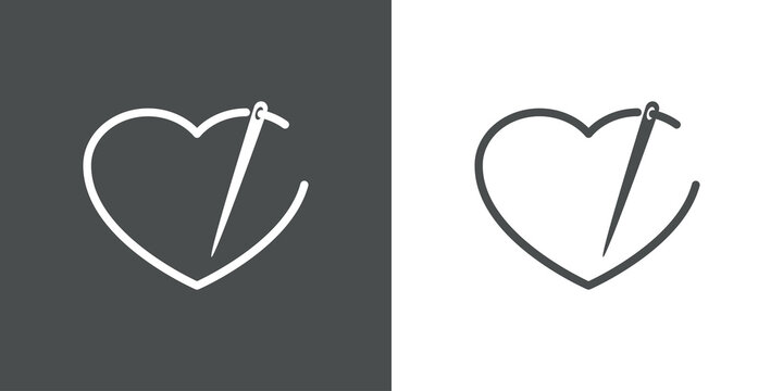 Logotipo lineal hilo en forma de coraz&oacute;n con aguja de coser en fondo gris y fondo blanco