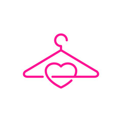 Concepto tienda de ropa. Logo lineal percha y corazón en color rosa