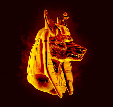 Fire image of the Egyptian God of the world of the dead Seth with the head of a Jackal, isolated on a dark background. The view of the profile. 3 d illustration.