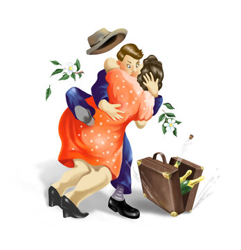 Lovers, a man on a business trip with a suitcase of champagne and a bouquet of flowers, and a fat, passionate woman in a red dress. Digital illustration. Caricature. Postcard.