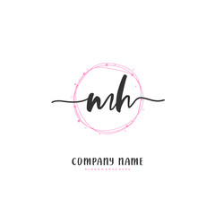 M H MH Initial handwriting and signature logo design with circle. Beautiful design handwritten logo for fashion, team, wedding, luxury logo.
