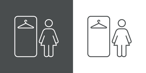 Concepto guardarropa. Icono plano lineal armario con percha y silueta de mujer en fondo gris y fondo blanco