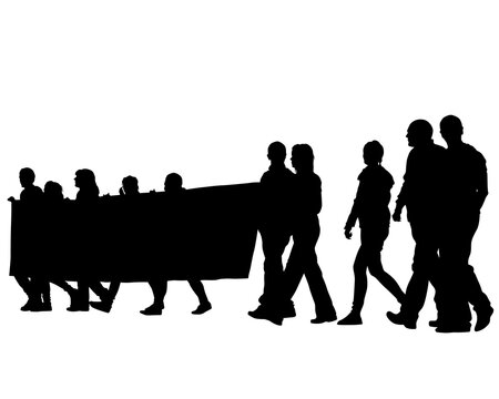 People whit flaf and banner on street. Isolated silhouettes of people on a white background