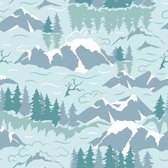 Fototapeta na wymiar Mountain landscape seamless pattern with snow peaks, fir forest and river