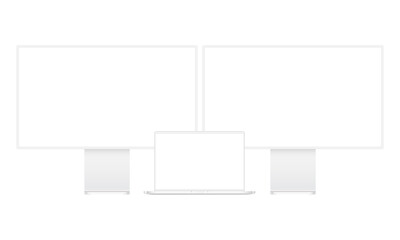 Modern clay computer monitors and laptop mockup isolated on white background, front view. Vector illustration