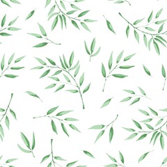 Seamless pattern with leaves. Vector illustration in watercolor painting style. Background for packaging, textiles, printing products with a delicate watercolor drawing of green leaves.
