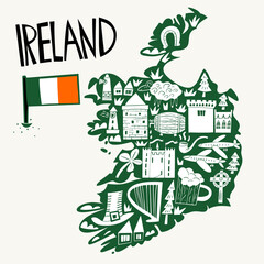 Obraz premium Vector hand drawn stylized map of Ireland. Travel illustration of Republic of Ireland landmarks. Hand drawn lettering illustration. Europe map element