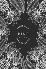 Pineapples and tropical leaves design template. Hand drawn vector tropical fruit illustration on chalk board. Engraved style ananas fruit banner. Vintage botanical frame.