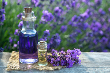 Essential oil bottle and lavender flowers field