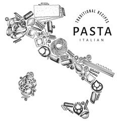 Pasta in the shape of Italy. Hand drawn vector food illustration. Engraved style design template. Retro pasta different kinds background.