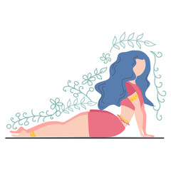 Woman in the pose of a dog looking up Urdhva Mukha Shvanasana . Yoga, concept of meditation, health benefits for the body, control of the mind and emotions.