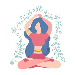Woman is sitting in lotus position. The concept of meditation, health benefits for the body, control over the mind and emotions
