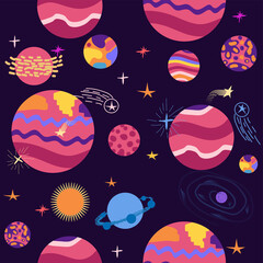 Seamless space pattern. Planets, rockets and stars. Cartoon spaceship