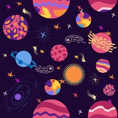 seamless pattern of planets, rockets and stars. Cartoon planet