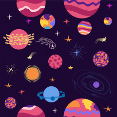 seamless pattern of planets, rockets and stars. Cartoon planet