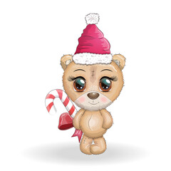 Cute cartoon bear with big eyes in a Christmas hat, greeting card, New Year and Christmas