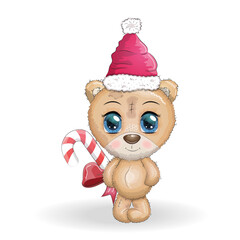 Cute cartoon bear with big eyes in a Christmas hat, greeting card, New Year and Christmas