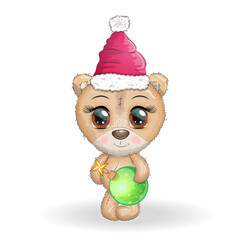 Cute cartoon bear with big eyes in a Christmas hat, greeting card, New Year and Christmas