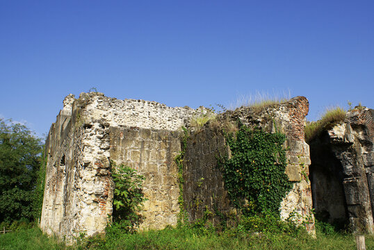 Ancient ruins of a ruined castle, medieval building, view.
