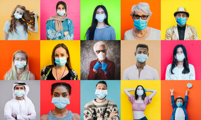 Fototapeta na wymiar Coronavirus faces collage. Composition with different multi ethnic people wearing medical mask