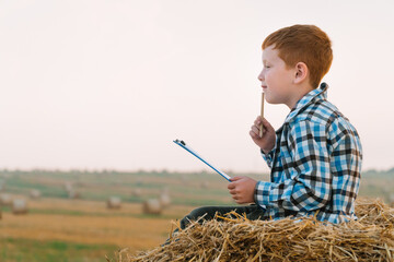 Naklejka na ściany i meble A red-haired boy on top of a straw bale holds a tablet with a letter and a pen in his hands on a background of hay bales