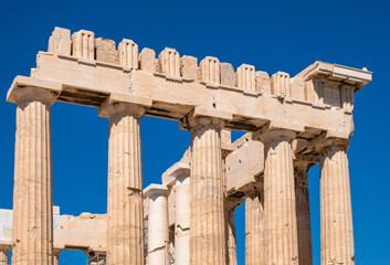 Fototapeta premium Panoramic view of Parthenon - temple of goddess Athena - within ancient Athenian Acropolis complex atop Acropolis hill in Athens, Greece